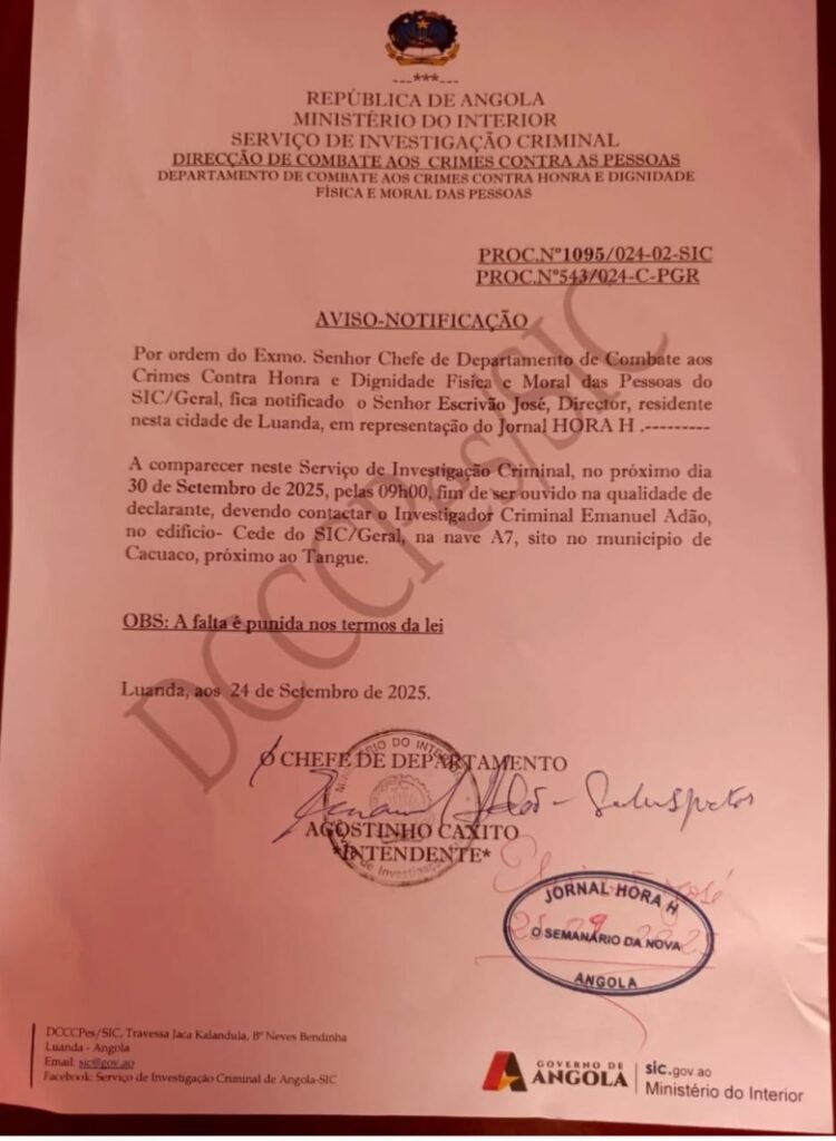 Notificação director do jornal h josé escrivão