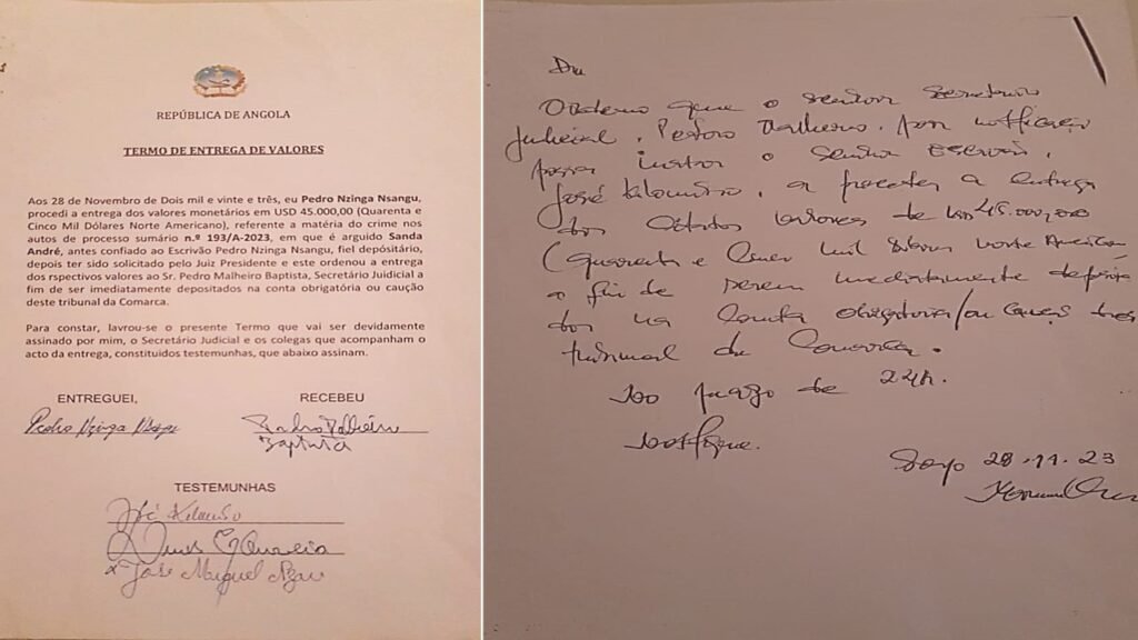 TERMO DE ENTREGA DOS VALORES E DESPACHO DE SOLICITAÇÃO DO JUIZ PRESIDENTE MANUEL VUNGE