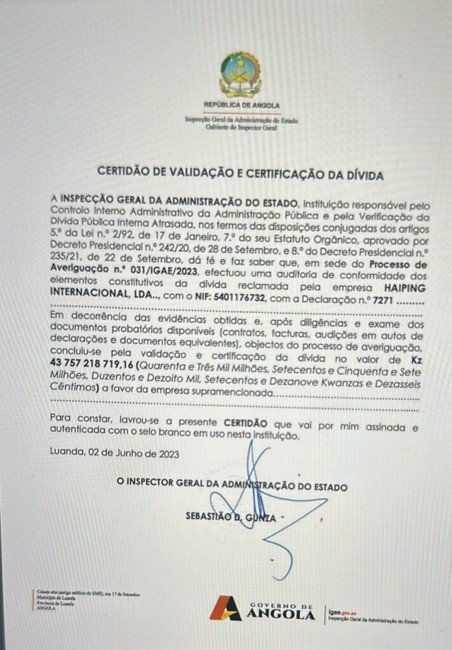 Certidao de validação e certificação da dívida