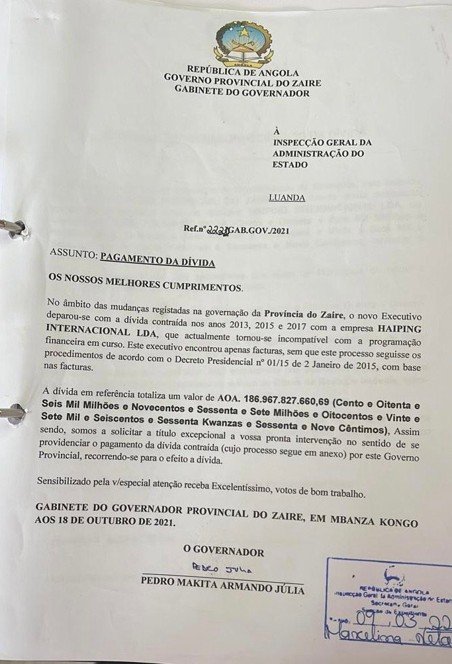 Ofício do GPZ ao IGAI a confirmar a dívida pública falsa